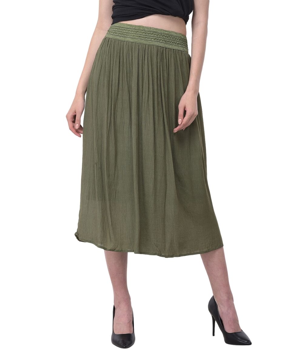 Pleated Olive Rayon Skirt for Women