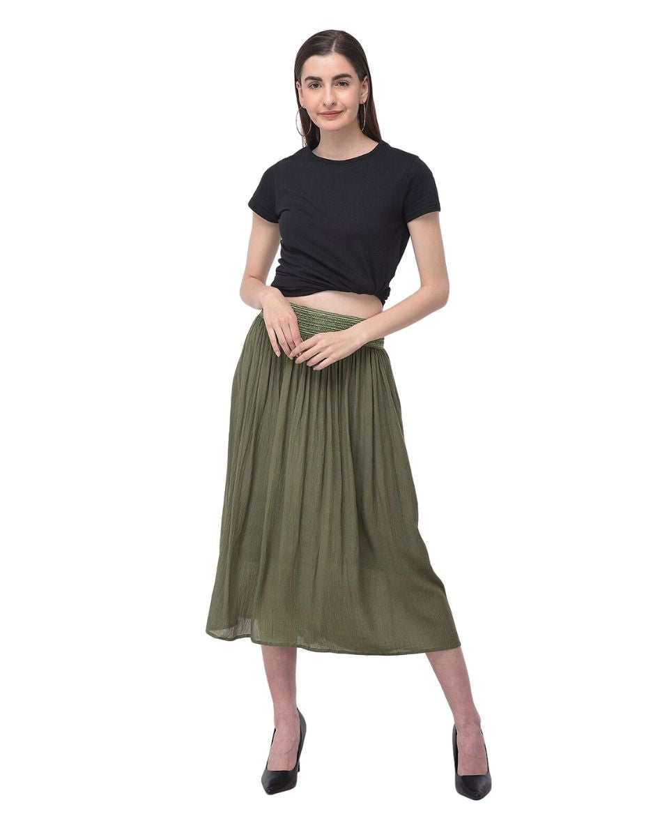 Pleated Olive Rayon Skirt for Women
