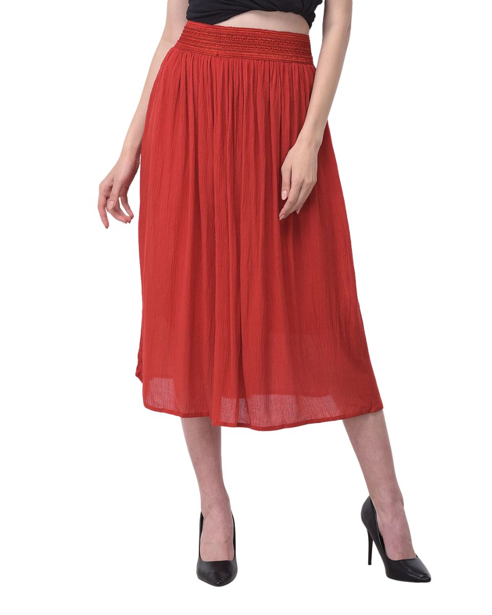 Pleated Red Rayon Skirt for Women