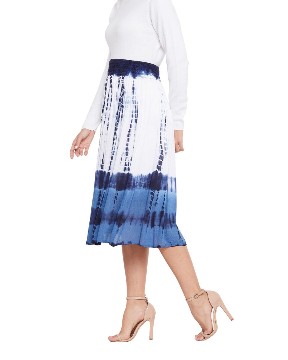 Tie Dye Printed Blue Rayon Skirt For Women