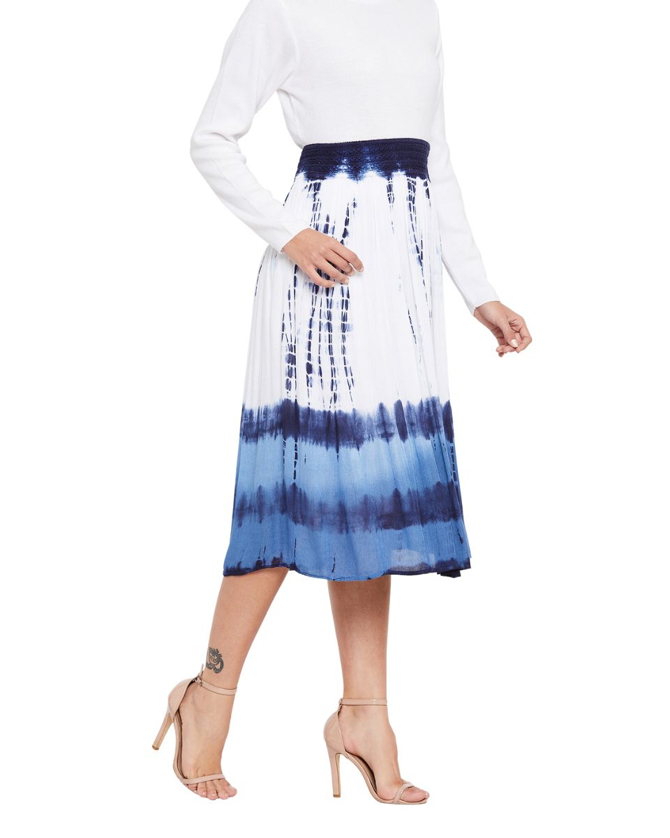 Tie Dye Printed Blue Rayon Skirt For Women