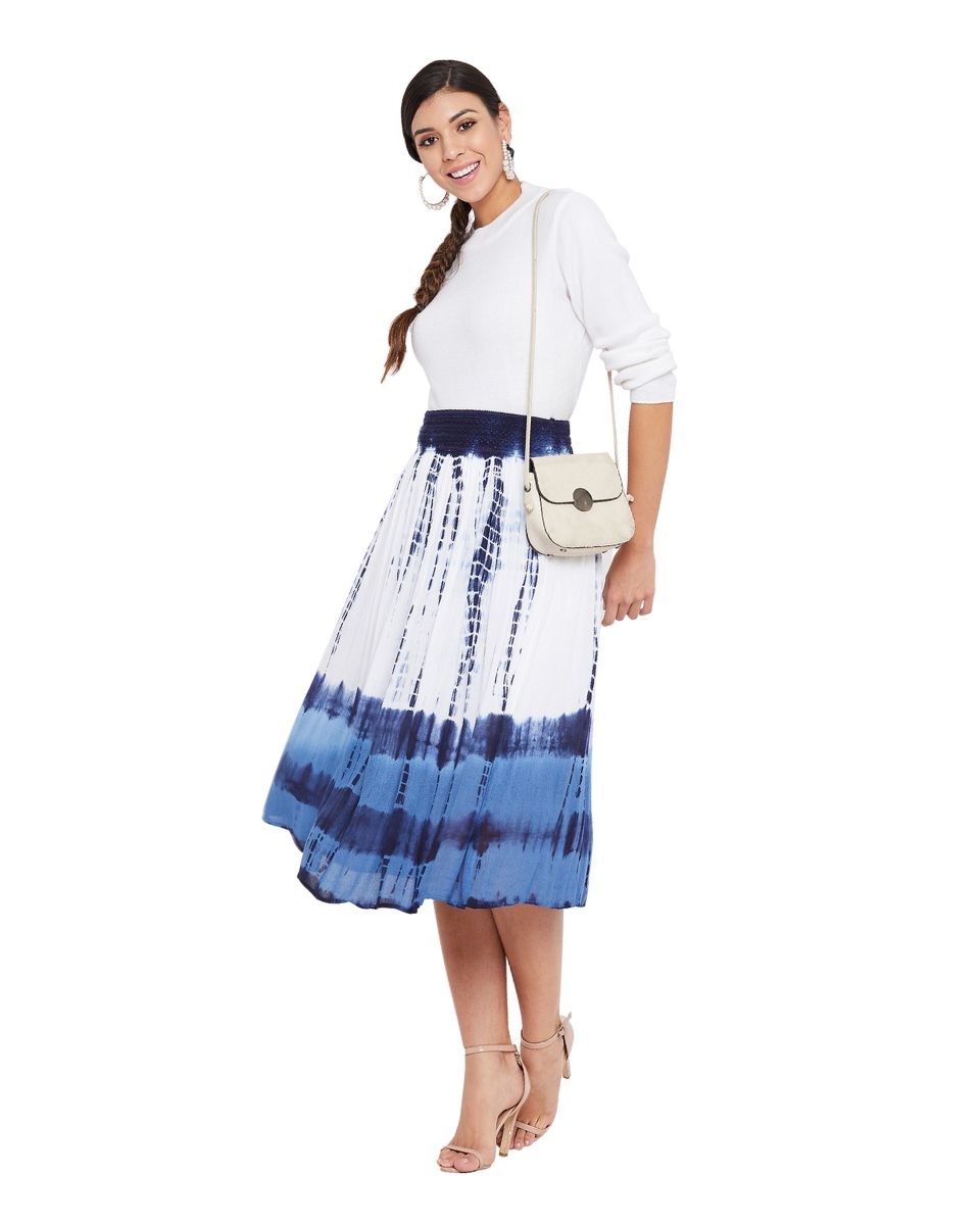 Tie Dye Printed Blue Rayon Skirt For Women