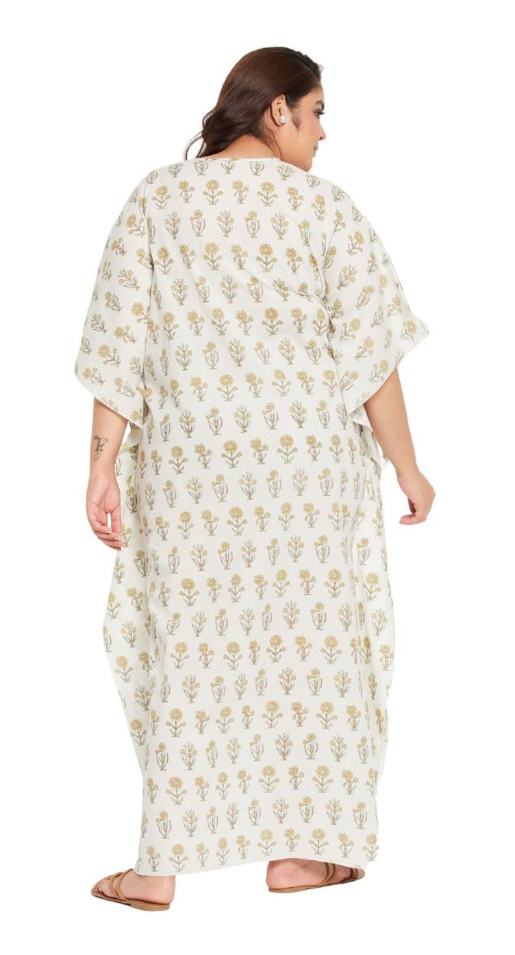 Floral WHITE Cotton Matted Neckline Kaftan For Plus Size Women - SKU KFT-1141-WHT - Gypsie Blu