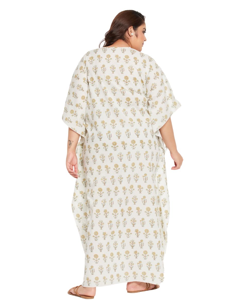 Floral Printed WHITE Cotton Matted Neckline Kaftan For Plus Size Women