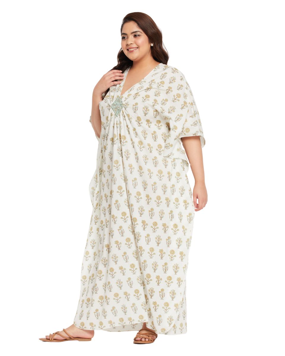 Floral Printed WHITE Cotton Matted Neckline Kaftan For Plus Size Women