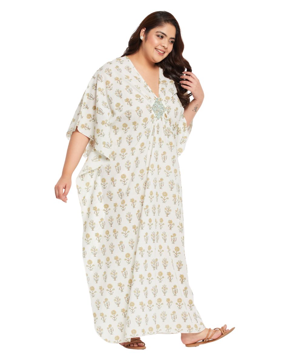 Floral Printed WHITE Cotton Matted Neckline Kaftan For Plus Size Women