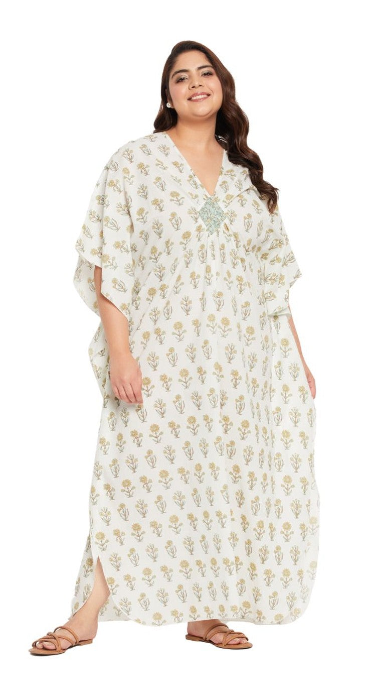 Floral WHITE Cotton Matted Neckline Kaftan For Plus Size Women - SKU KFT-1141-WHT - Gypsie Blu