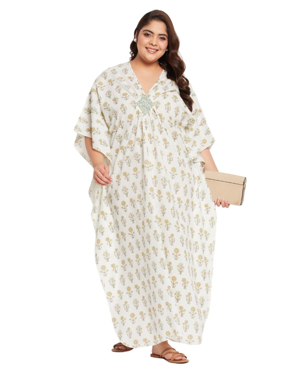 Floral Printed WHITE Cotton Matted Neckline Kaftan For Plus Size Women