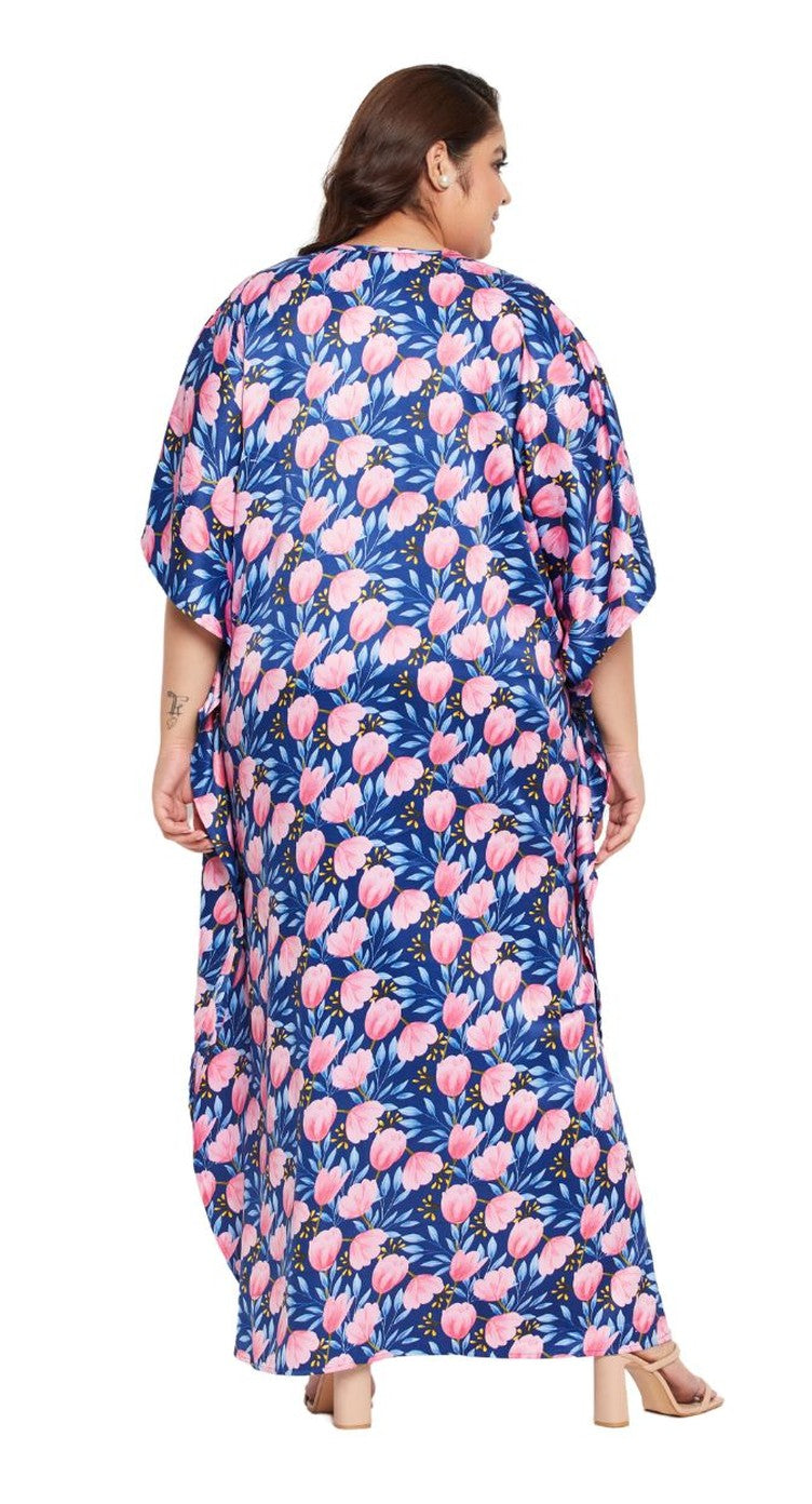 Navy blue polyester plus size kaftan with allover pink tulip floral print and V-neck — alternate view