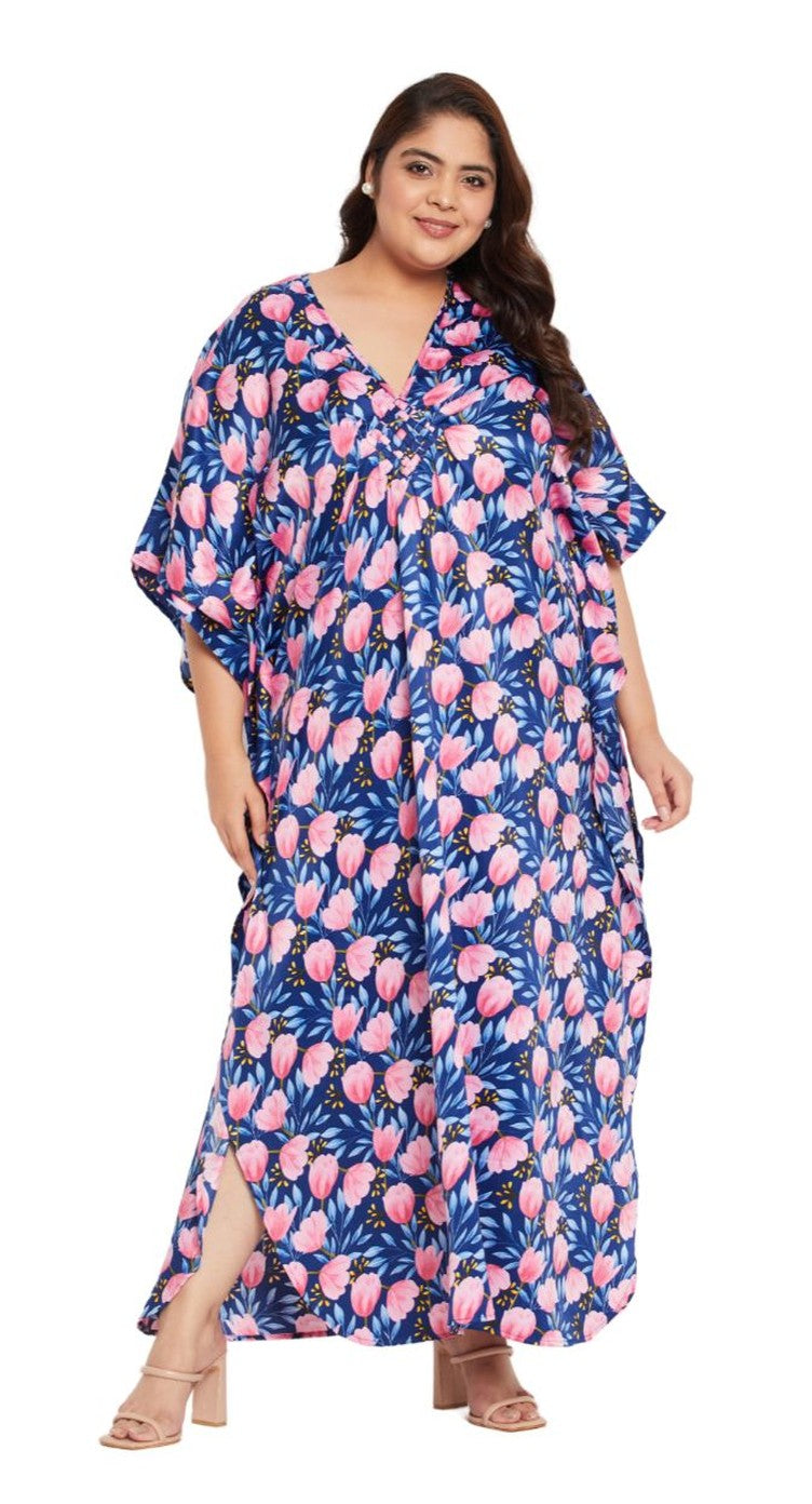 Navy blue polyester plus size kaftan with allover pink tulip floral print and V-neck