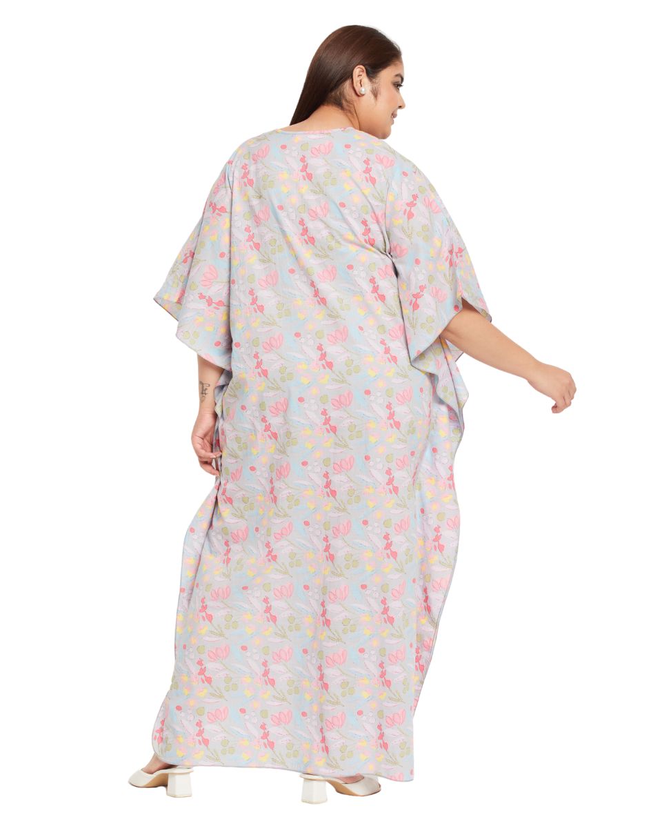 Floral Printed Gray Cotton Matted Neckline Plus Size Kaftan For Women