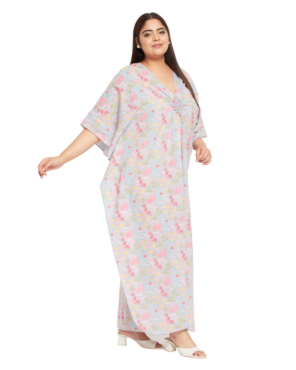 Floral Printed Gray Cotton Matted Neckline Plus Size Kaftan For Women