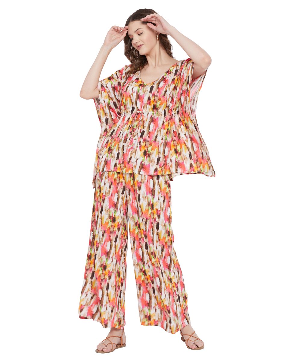 Abstract Printed Cream Rayon Cord Set for Women