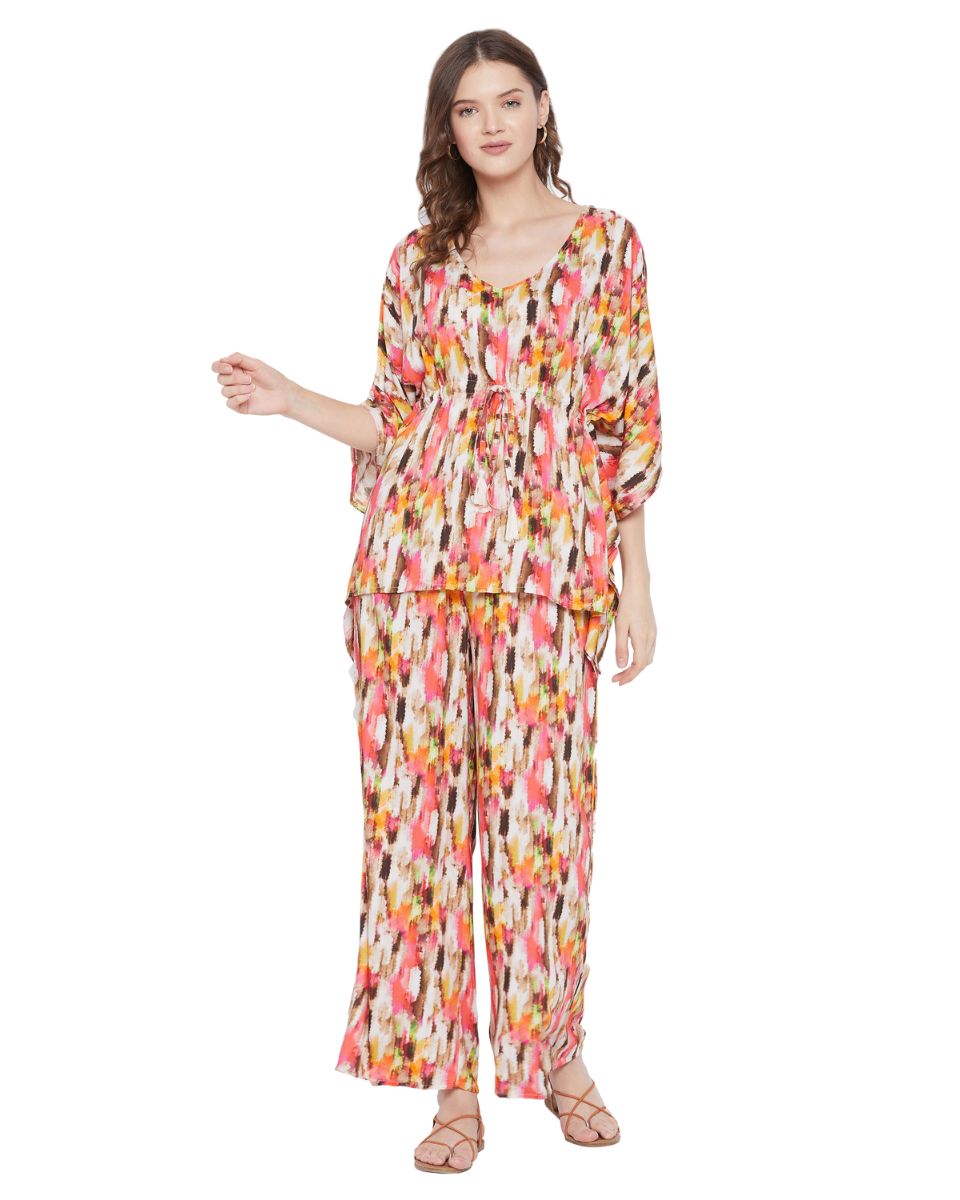 Abstract Printed Cream Rayon Cord Set for Women