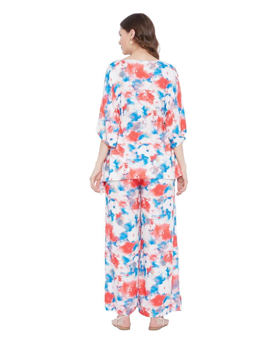 Tie Dye Floral Printed Red & Blue Rayon Cord Set for Women