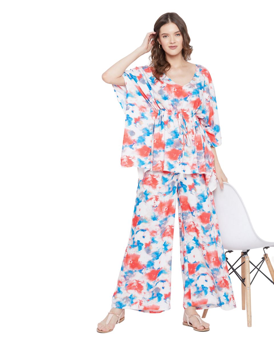 Red And Blue Tie Dye Floral Printed Rayon Cord Set For Women