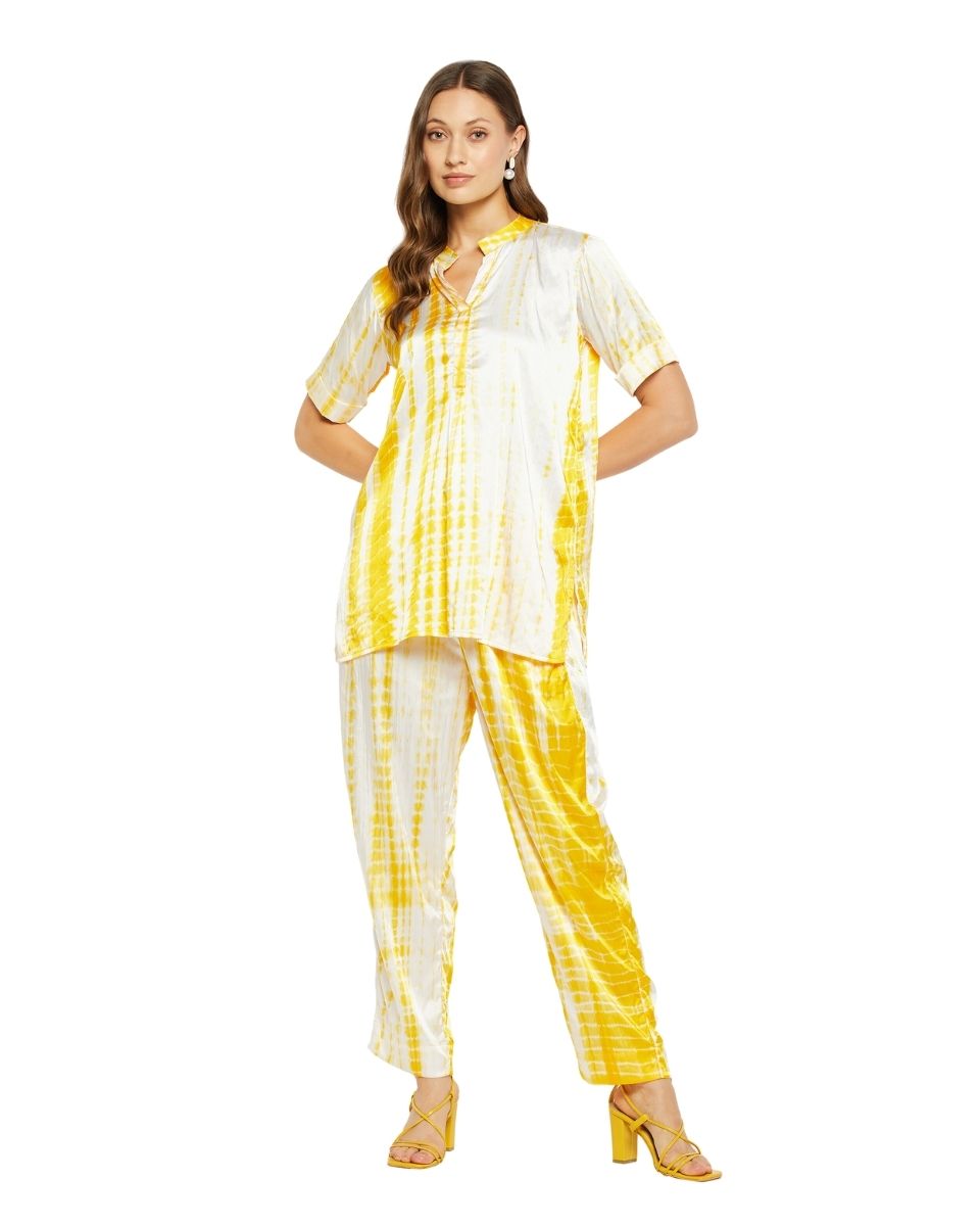 Tie Dye Printed Yellow Satin Cord Set For Women