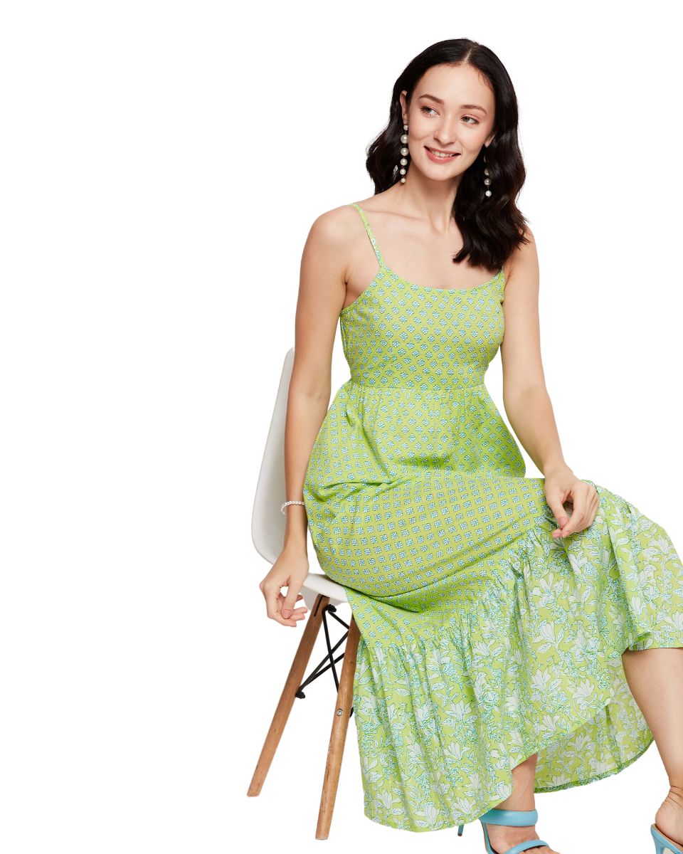 Floral Printed Neon Green Women Dress