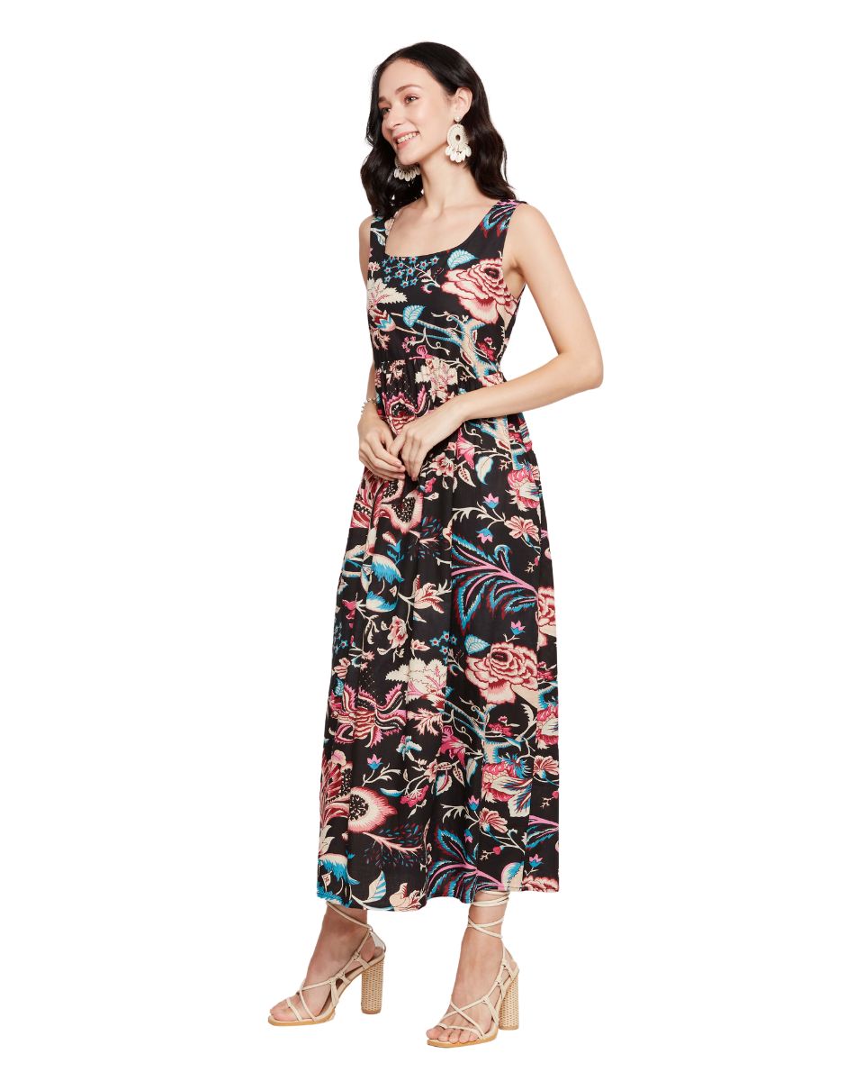 Floral Printed Black Dress For Women