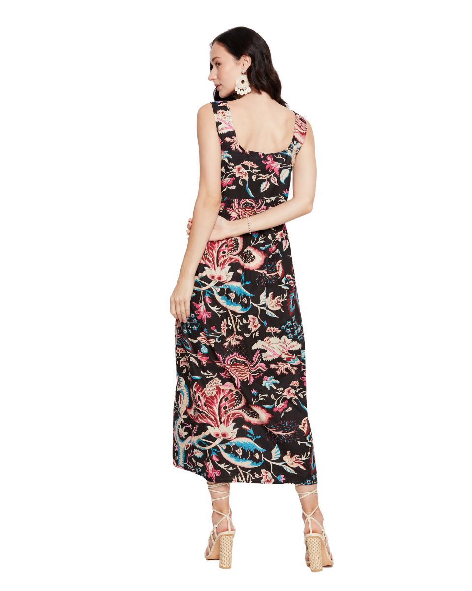 Floral Printed Black Dress For Women