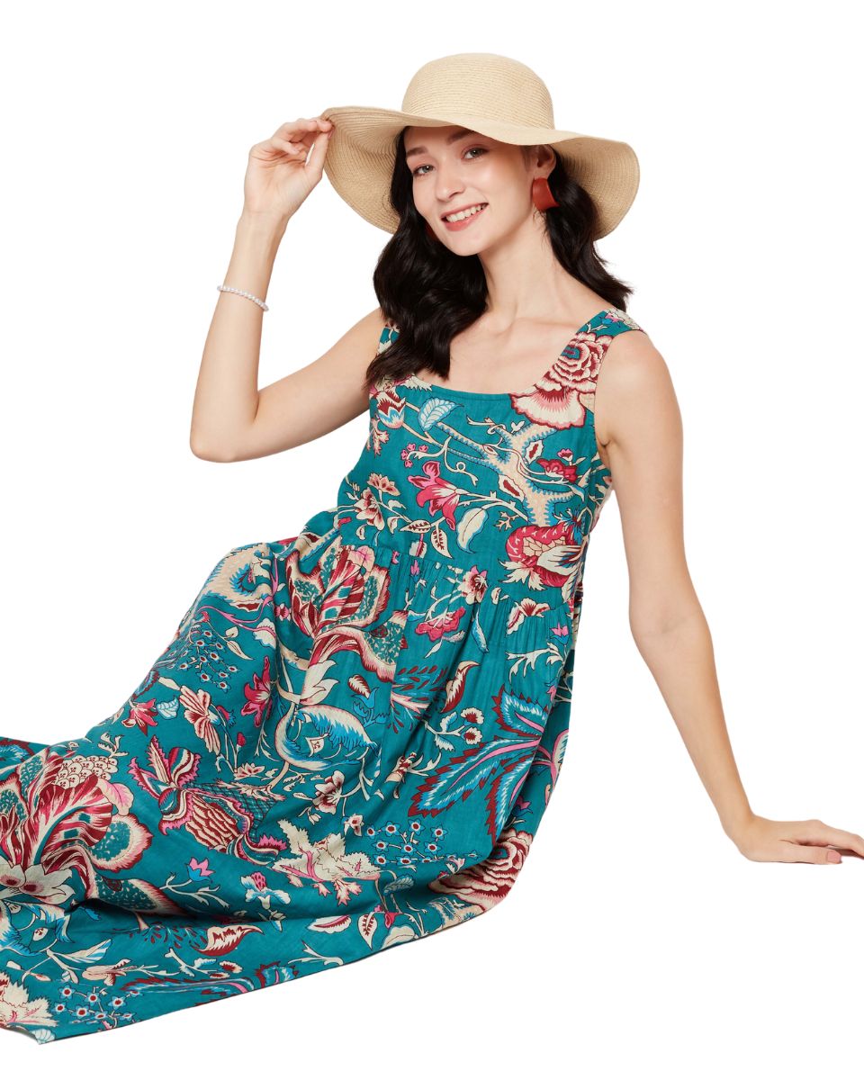 Floral Printed Turquoise Dress For Women