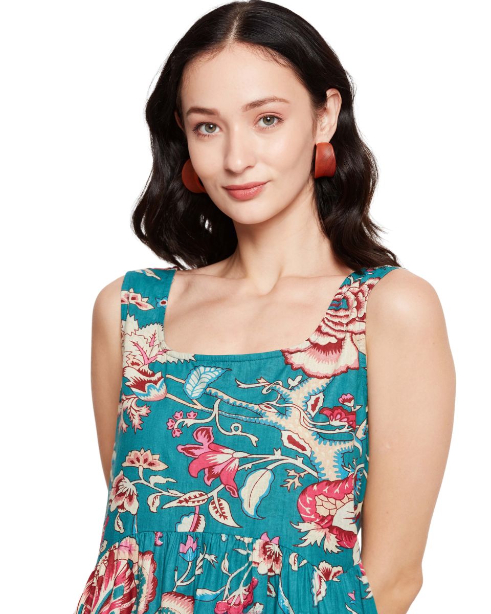 Floral Printed Turquoise Dress For Women