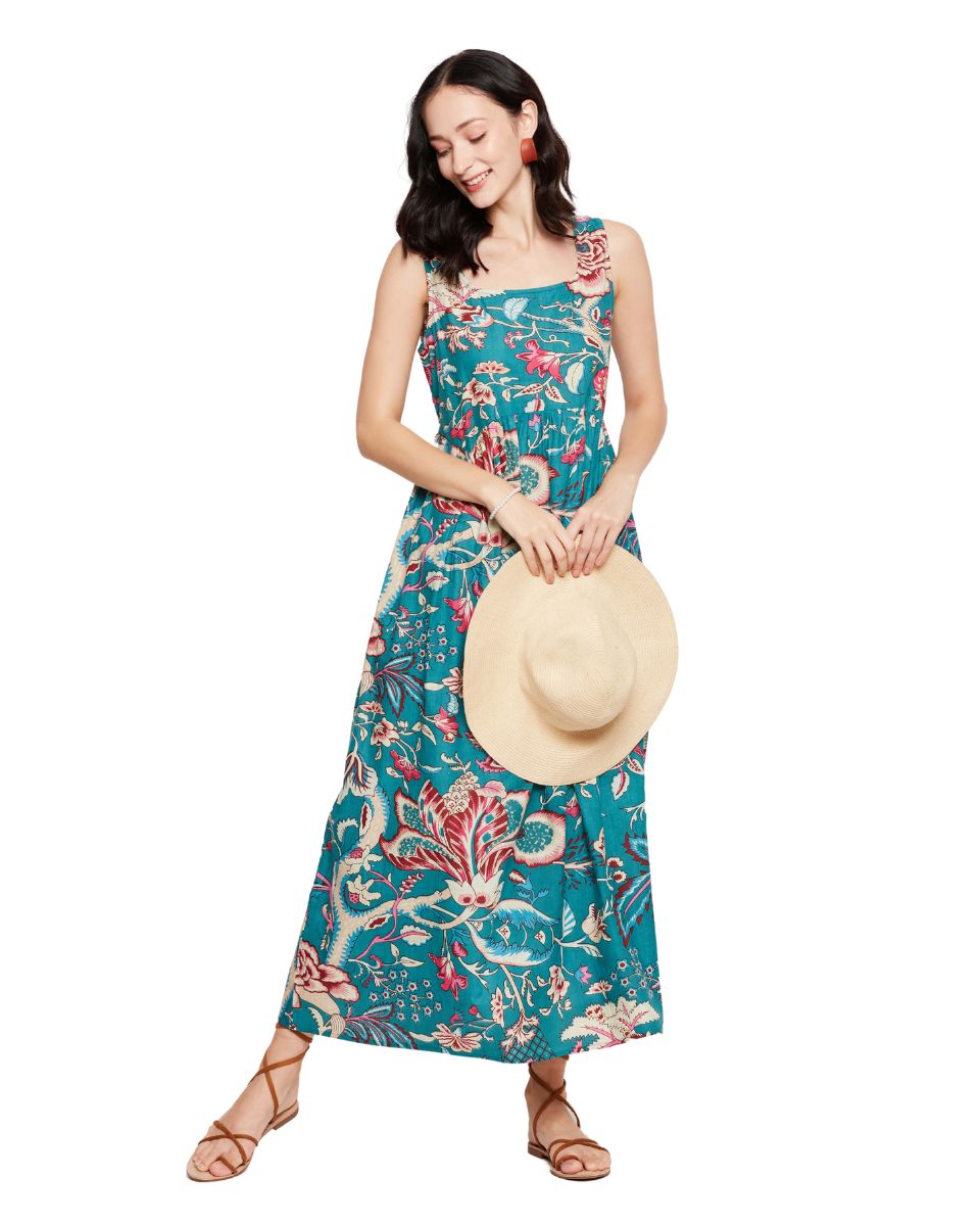 Floral Printed Turquoise Dress For Women