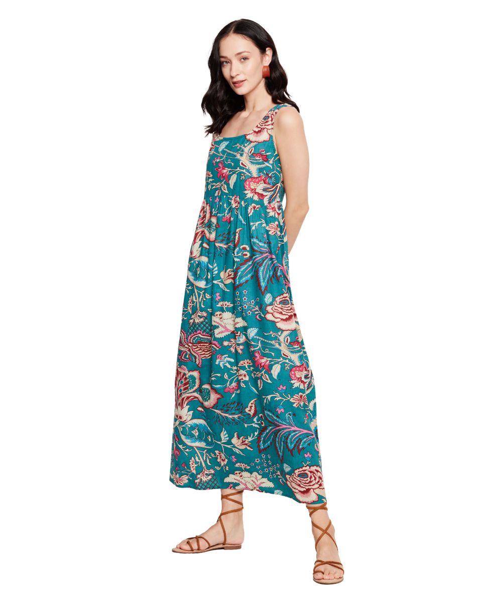 Floral Printed Turquoise Dress For Women