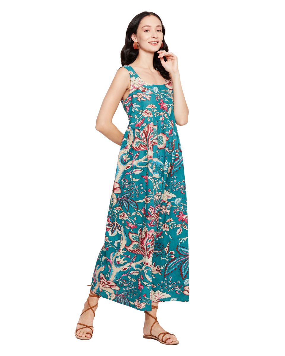 Floral Printed Turquoise Dress For Women