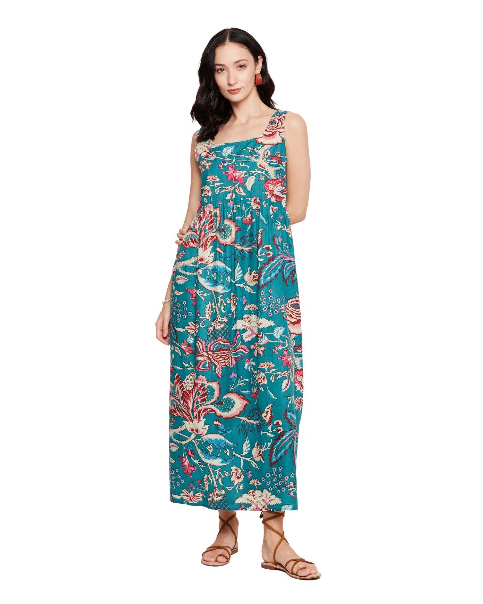 Turquoise Women Floral Maxi Dress For Beach Party