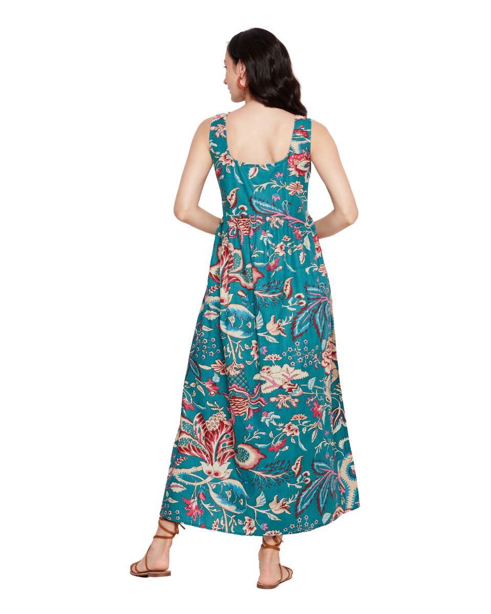 Floral Printed Turquoise Dress For Women