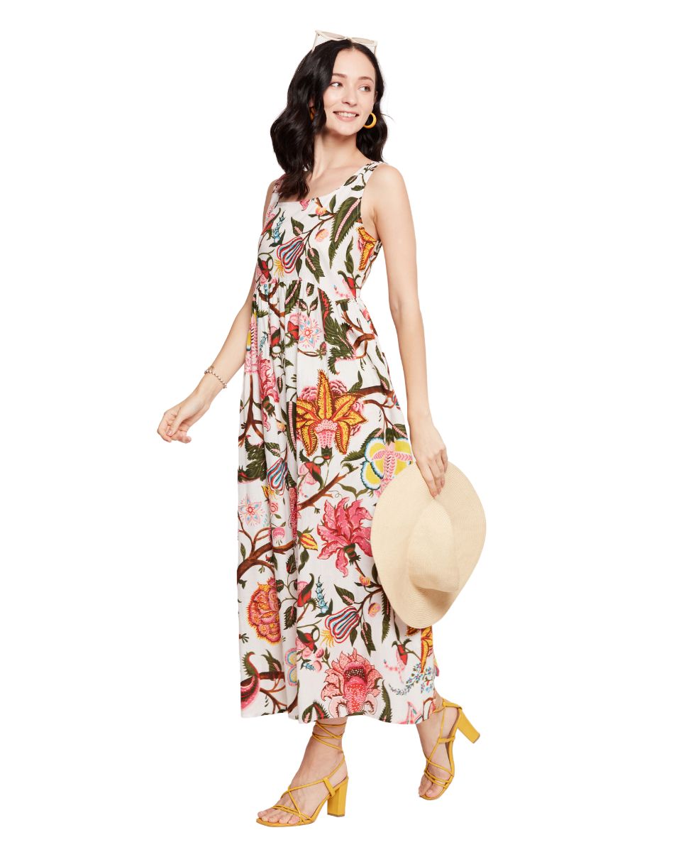 Floral Printed White Dress For Women