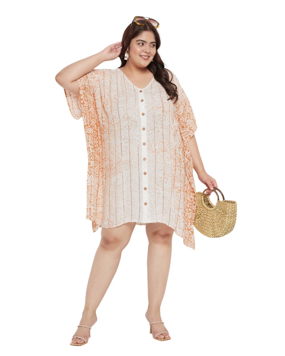 Paisley with Golden Stripe Print Beige Women Tunic Top