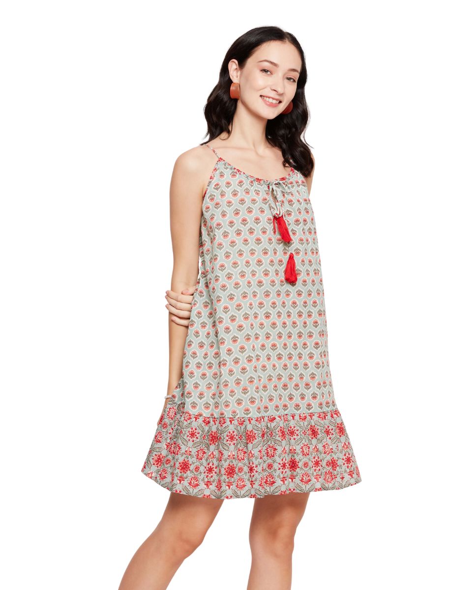 Pista Green Floral Printed Cotton Women Dress