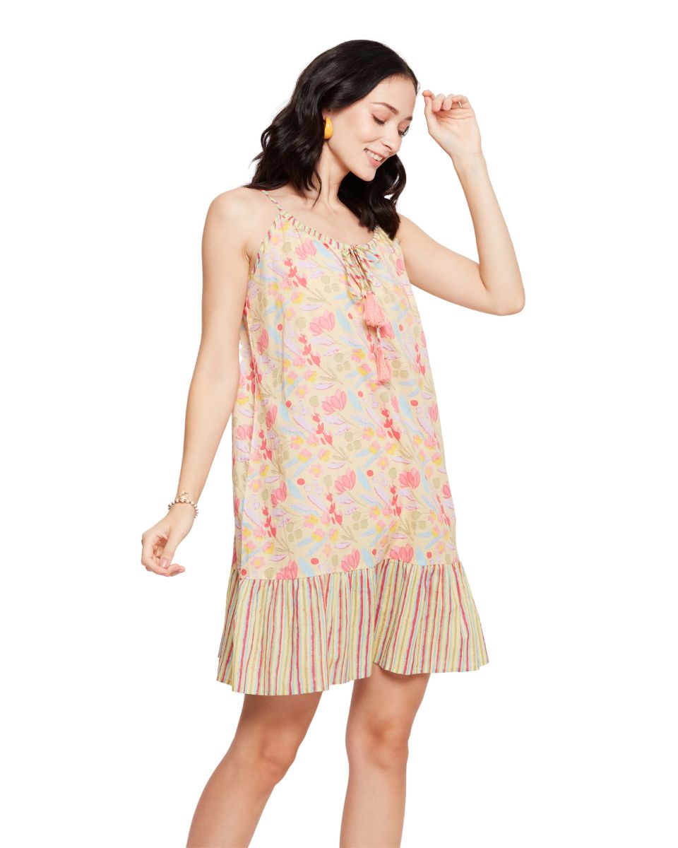 Floral Printed Peach Color Mini Dress For Women