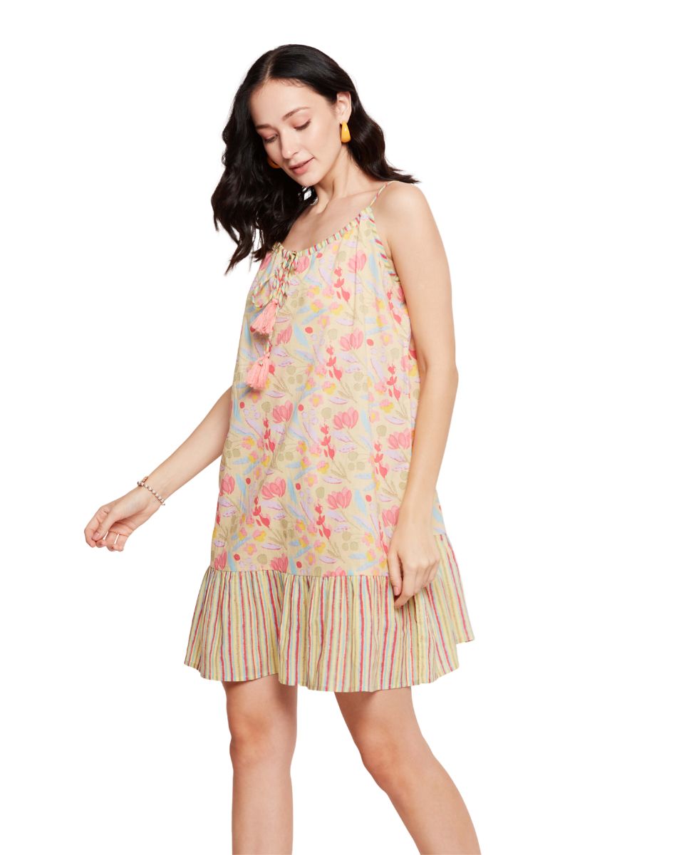 Floral Printed Peach Color Mini Dress For Women