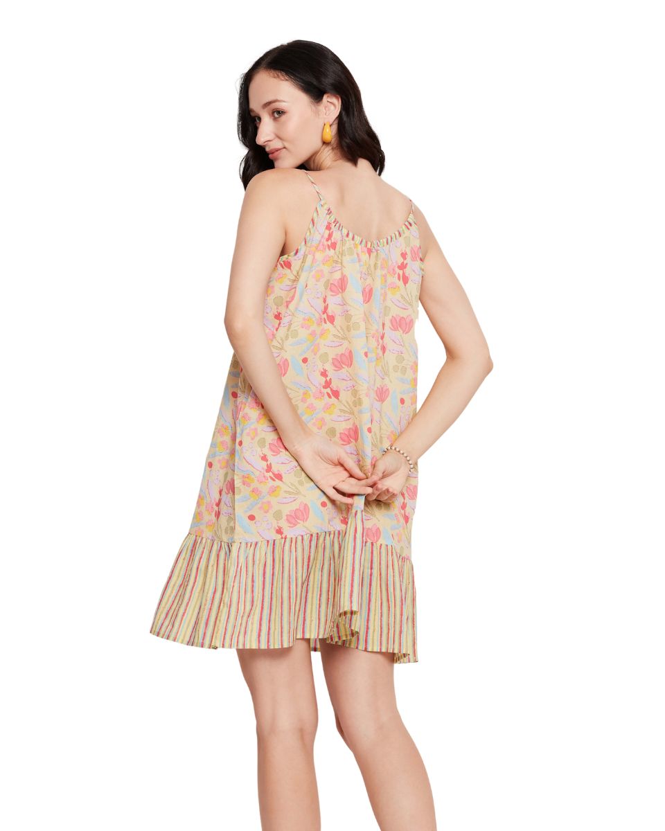 Floral Printed Peach Color Mini Dress For Women