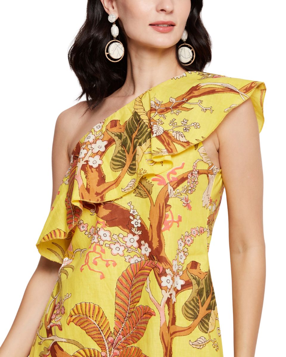 Cotton Floral Printed Yellow Midi Dress for Women