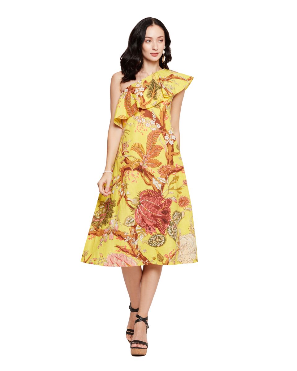 Cotton Floral Printed Yellow Midi Dress for Women