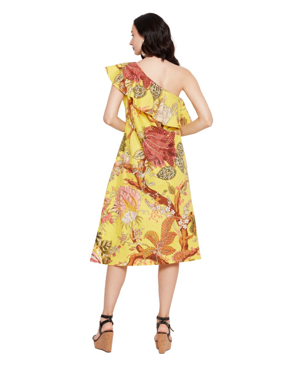 Cotton Floral Printed Yellow Women Dress