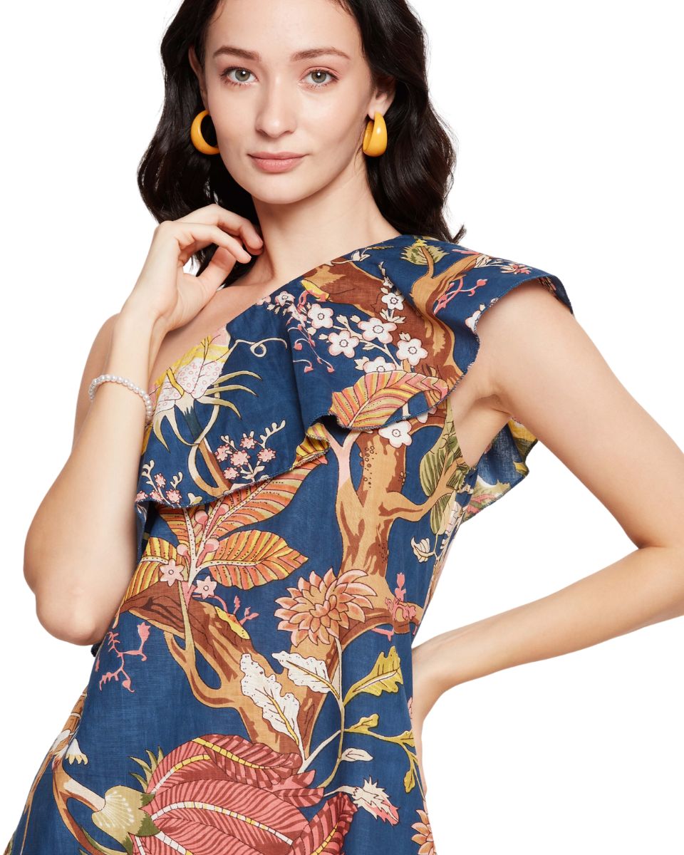 Navy Blue Floral Printed Cotton Women Dress