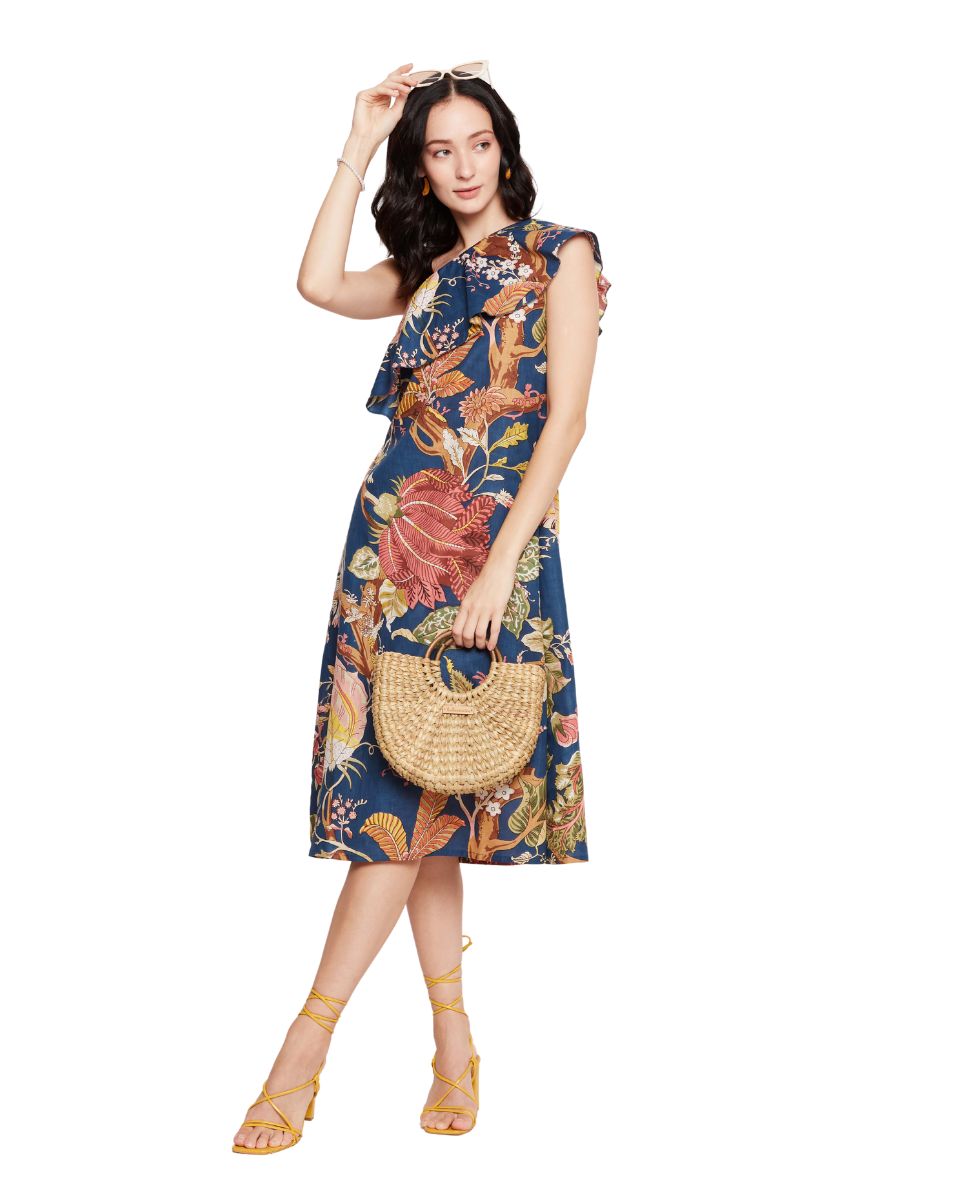 Navy Blue Floral Printed Cotton Women Dress