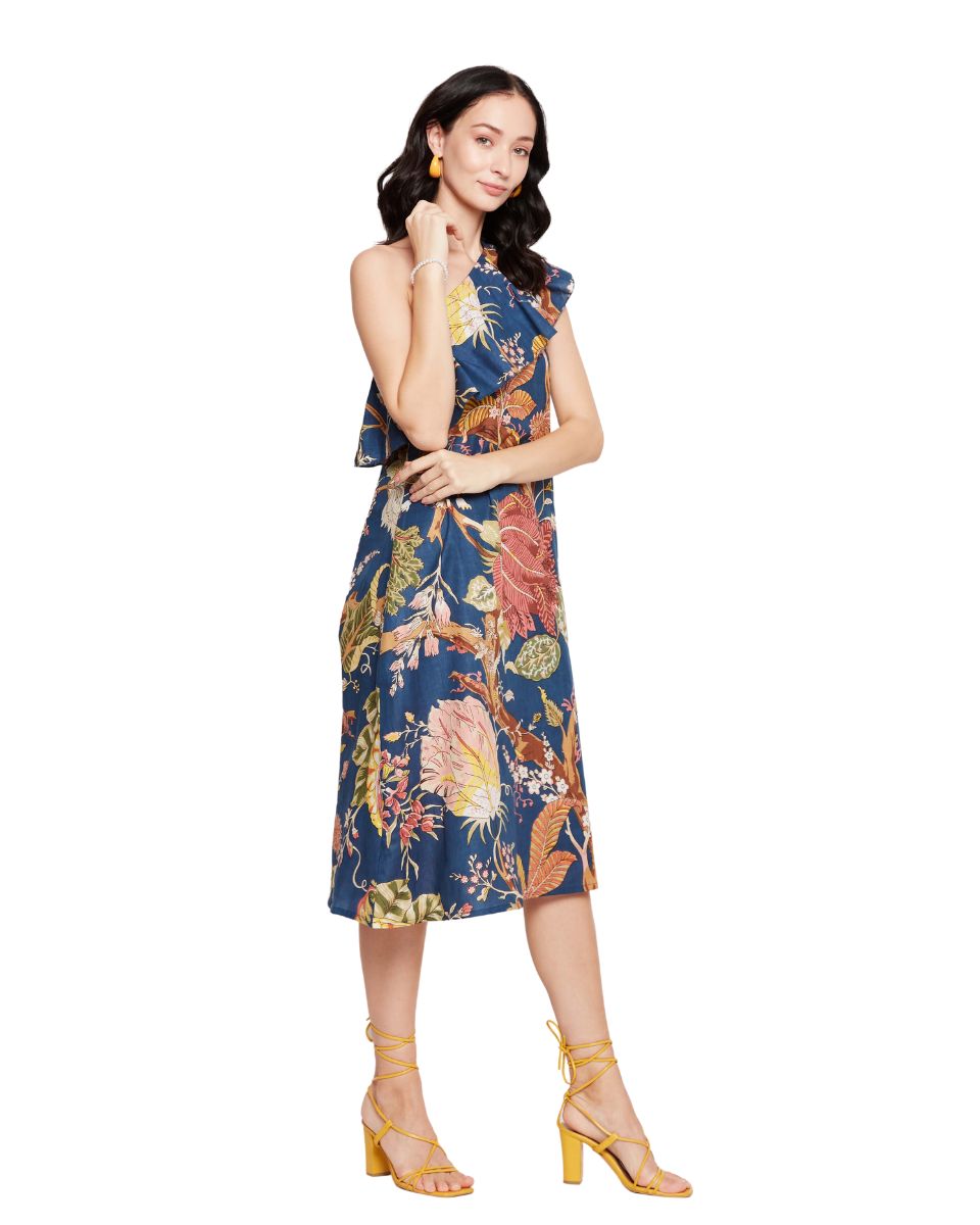 Navy Blue Floral Printed Cotton Women Dress