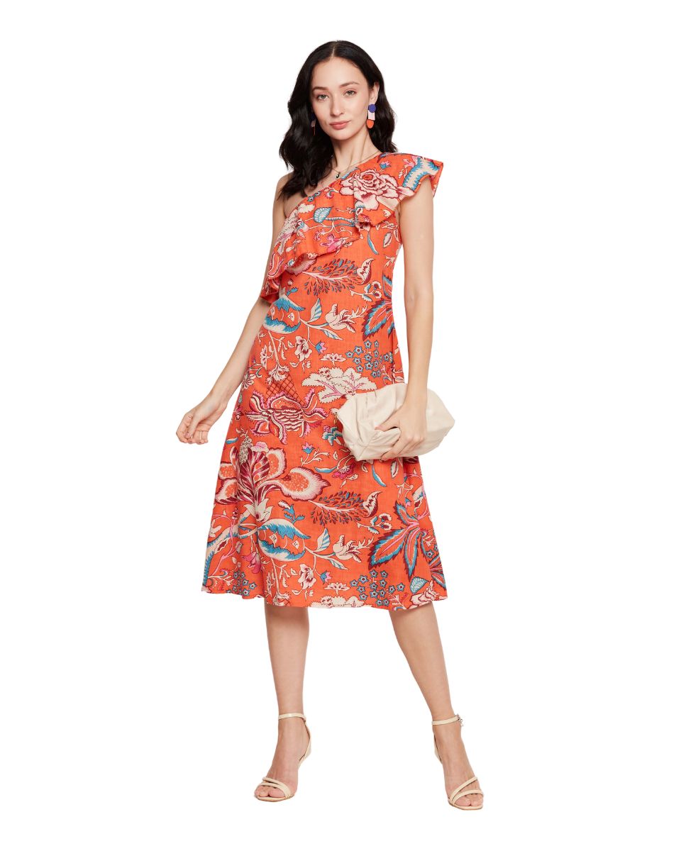 Orange Floral Printed Cotton Dress For Women