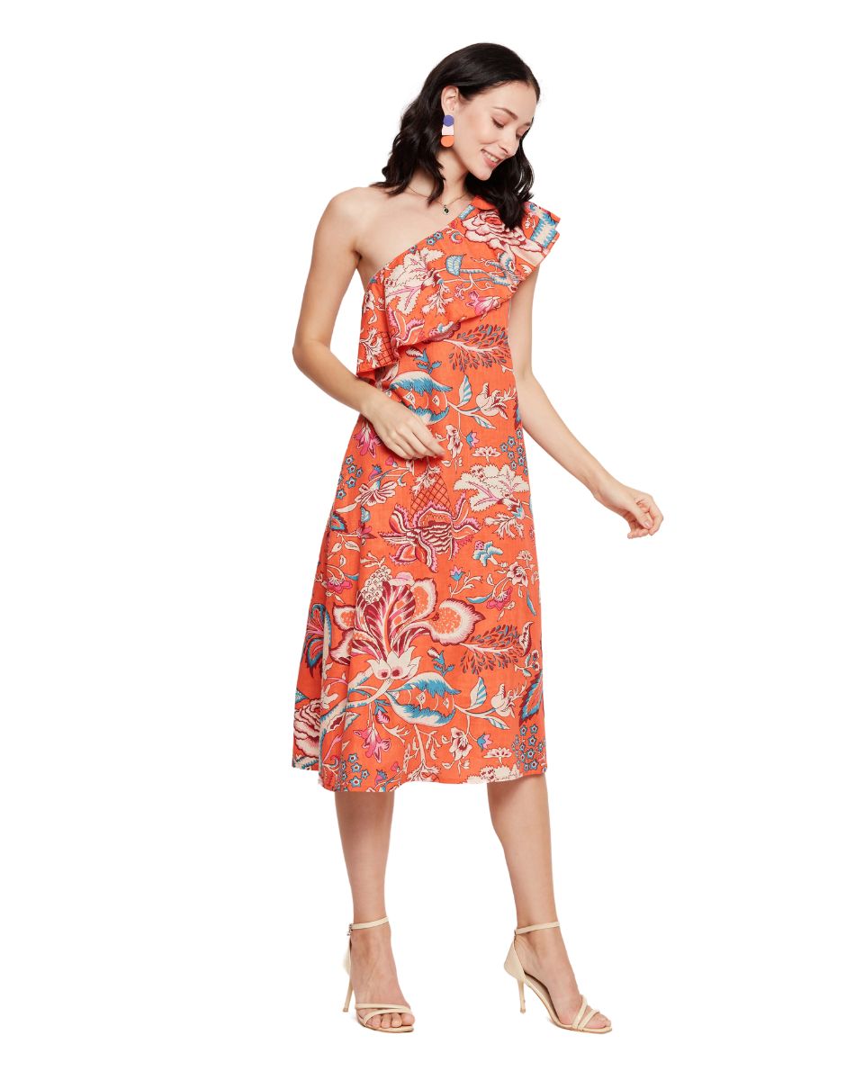 Orange Floral Printed Cotton Dress For Women