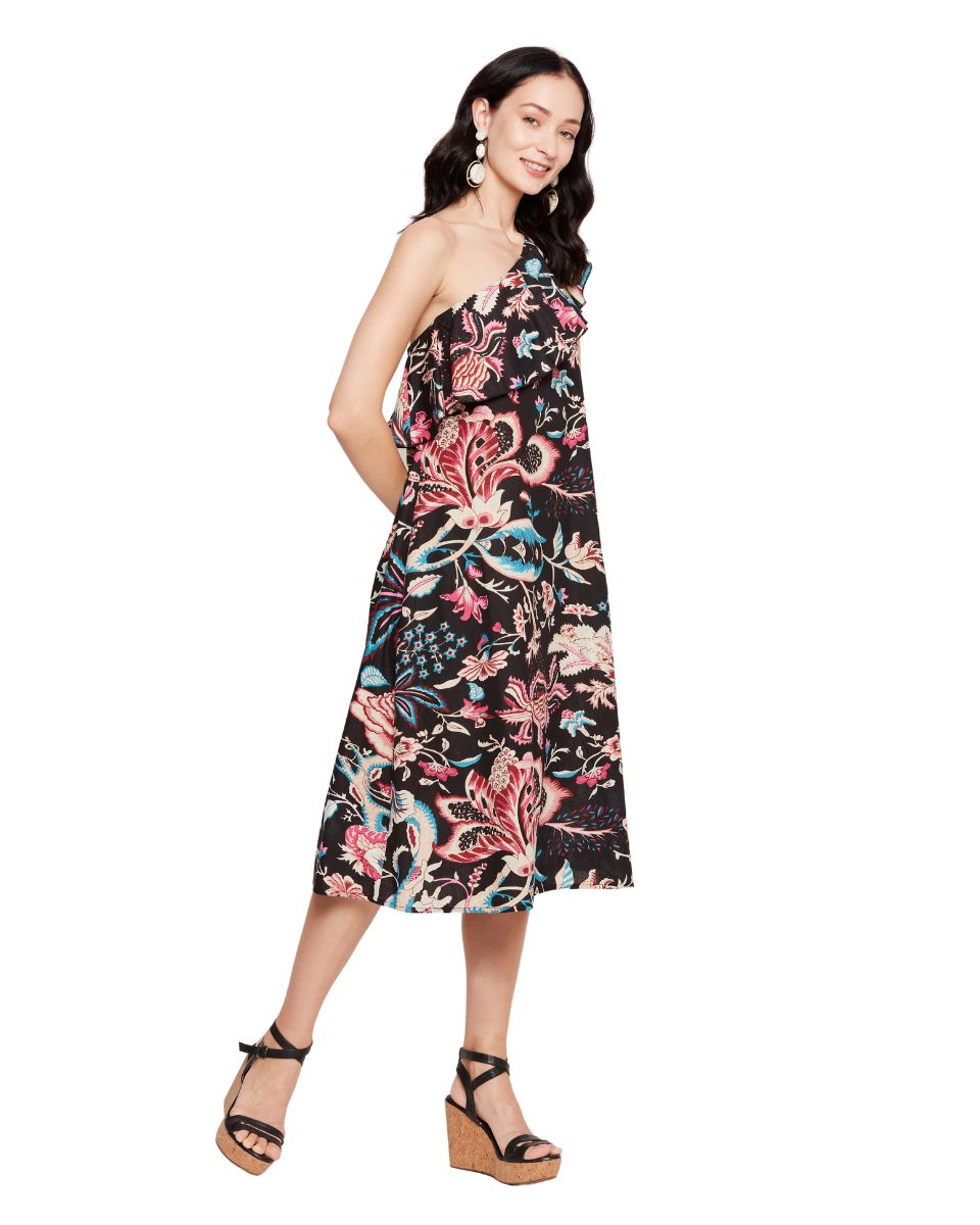 Black Cotton Floral Printed Dress For Women