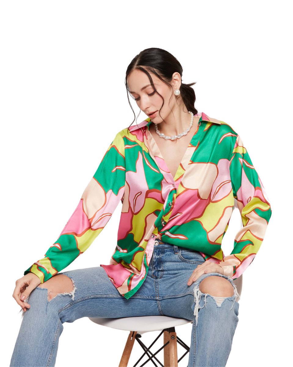 Satin Fabric Floral Printed Multicolor Shirt For Women