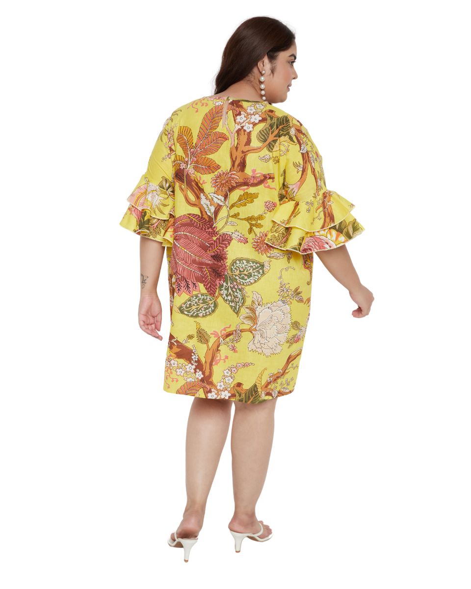 Yellow Floral Printed Cotton Tunic Top For Plus Size Women