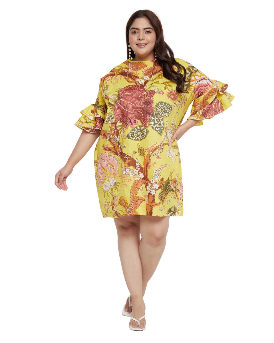 Yellow Floral Printed Cotton Tunic Top For Plus Size Women