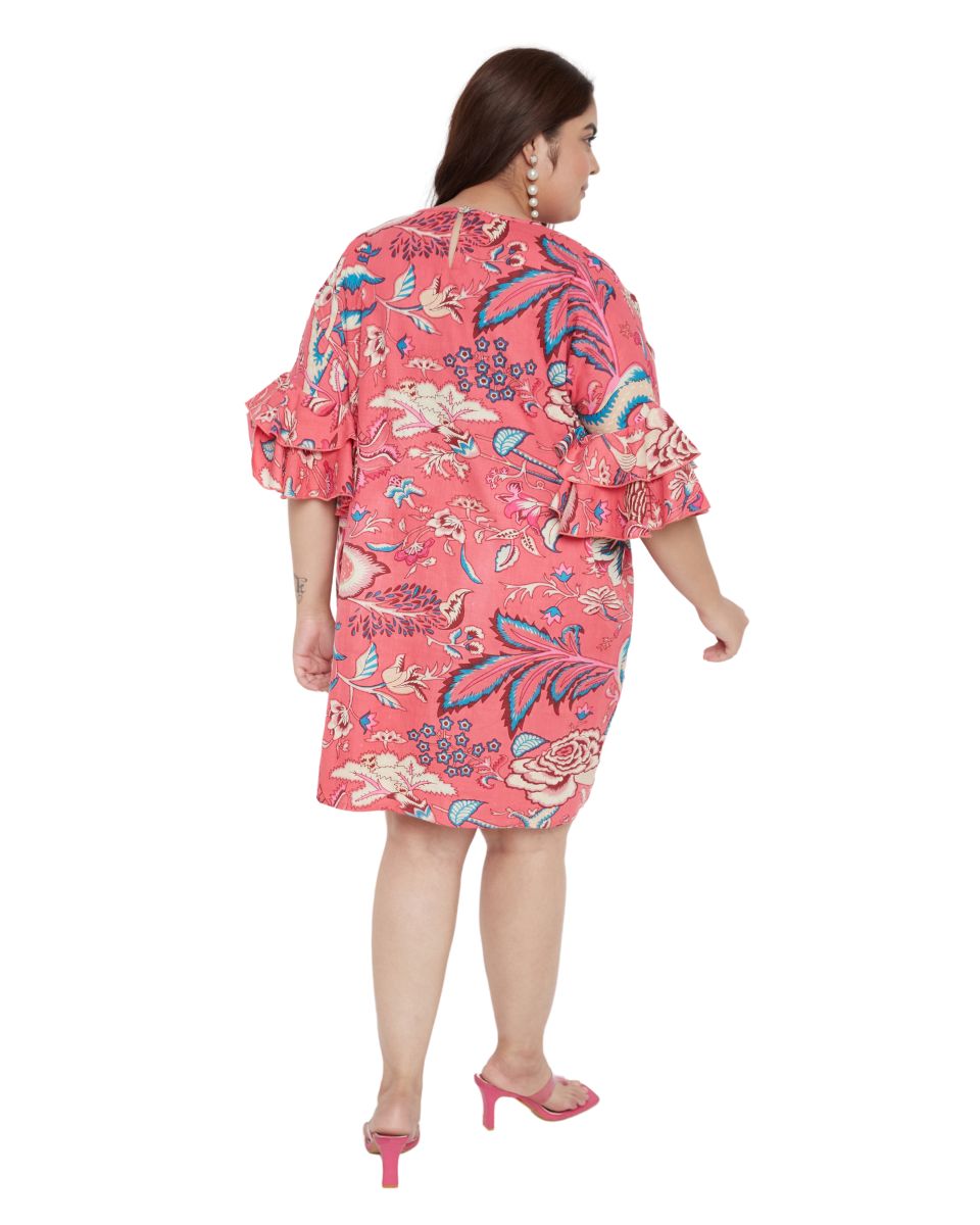 Pink Floral Printed Cotton Tunic For Plus Size Women